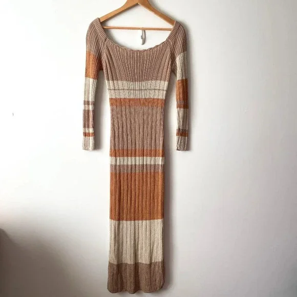 Peppermayo Scoop Neck Long Sleeve Crochet Maxi Dress Striped Neutral Size M/L - Picture 6 of 8